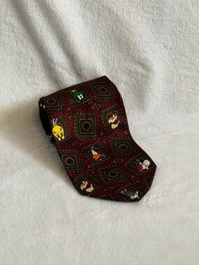 Vintage 1994 Looney Tunes Mania Portrait Necktie Burgundy